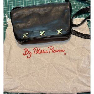 Vintage Paloma Picasso Black Leather Shoulder Bag W/ Iconic Gold Xs & Dust Bag